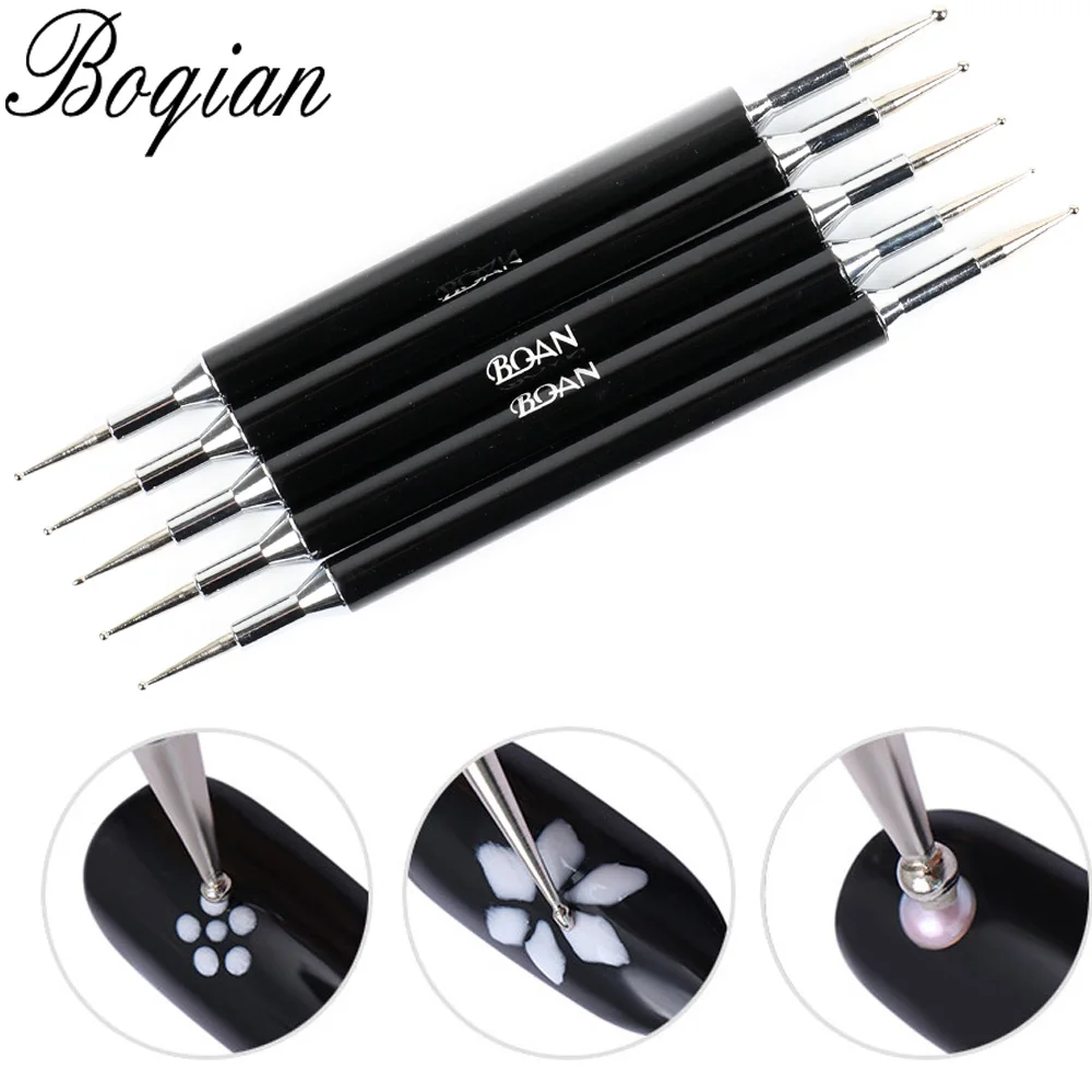 BQAN 5 PCS Black Dual-ended Nail Dotting Pen Crystal Beads Handle Rhinestone Studs Picker Wax Pencil Manicure Nail Art Tool