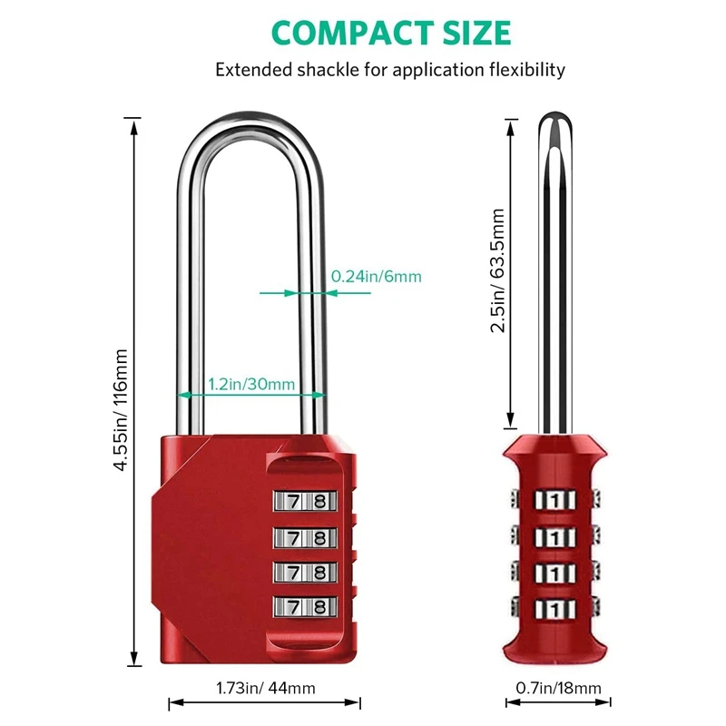 أقفال رمز حزمة 2 ، 4 أرقام طويلة قفل قابل لإعادة التثبيت لبوابة في الهواء الطلق ، سقيفة ، سياج ، تخزين غلق بمشبك ، خزانة الصالة الرياضية