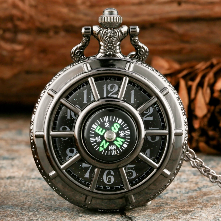 Retro Black Starry Dial Compass Design Hollow Skeleton Steampunk Quartz Pocket Watch Necklace Chain Pendant Clock Gifts for Men