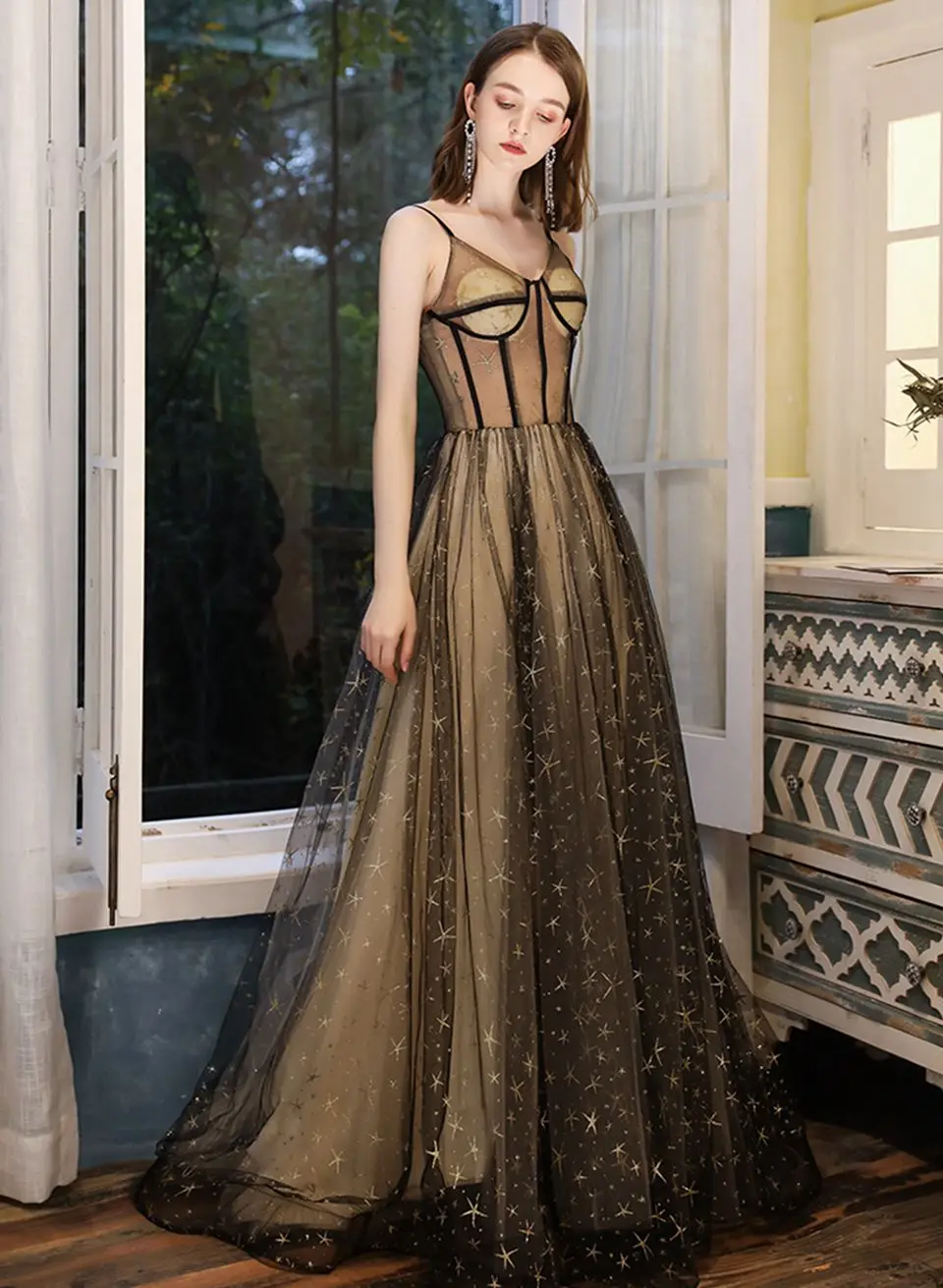 Vintage Gold Black Formal Evening Dresses 2020 Elegant Women Party Night Long Prom Gown A-line Lace-Up Spaghetti Straps Vestidos