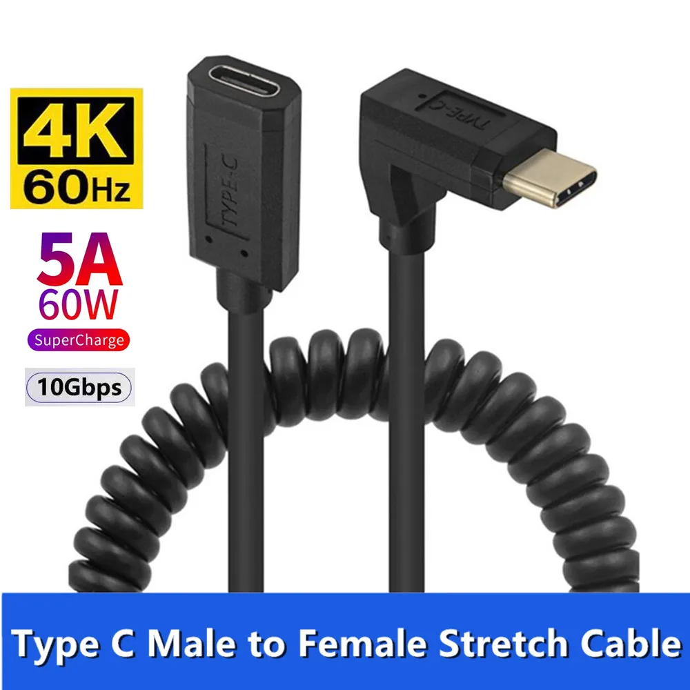 Kabel regang USB tipe-c pria ke wanita, USB C ekstensi pria ke Wanita sudut kanan 90 derajat 10Gbps 4K 60Hz pengisian daya Cepat 60W dengan Audio Video