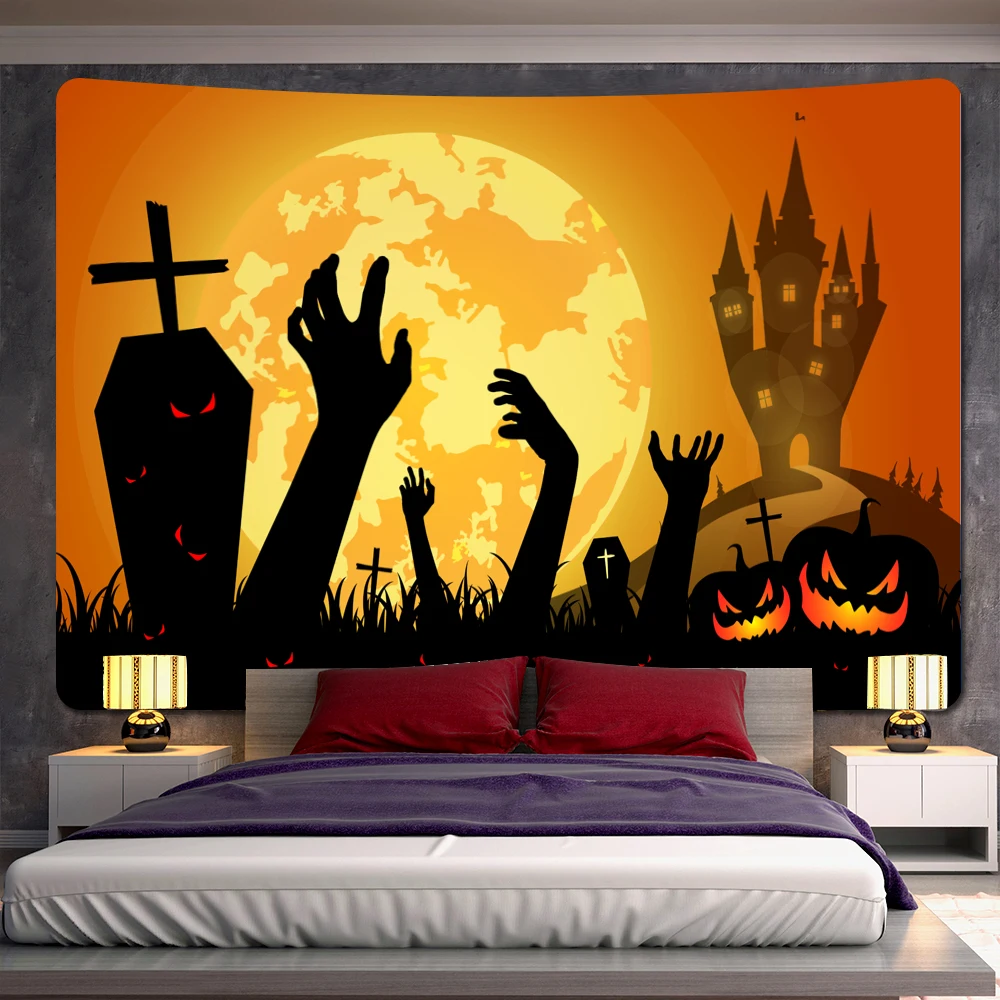 

Halloween pumpkin witchcraft castle home decoration tapestry psychedelic scene bohemian background cloth wall hanging