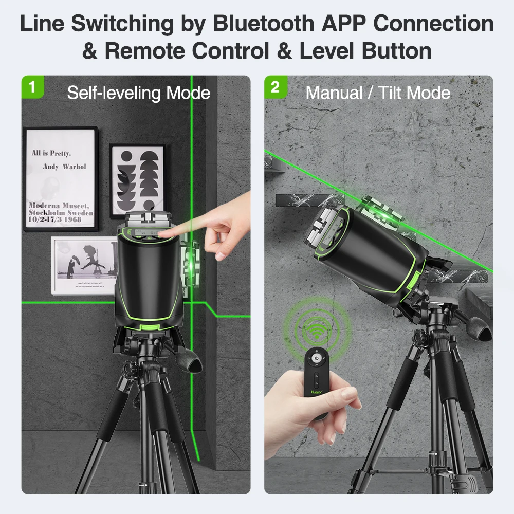 Huepar 12 Lines 3D Cross Line Laser Level LCD Display Bluetooth & Remote Control Functions Green Beam With Hard Carry Case S03DG