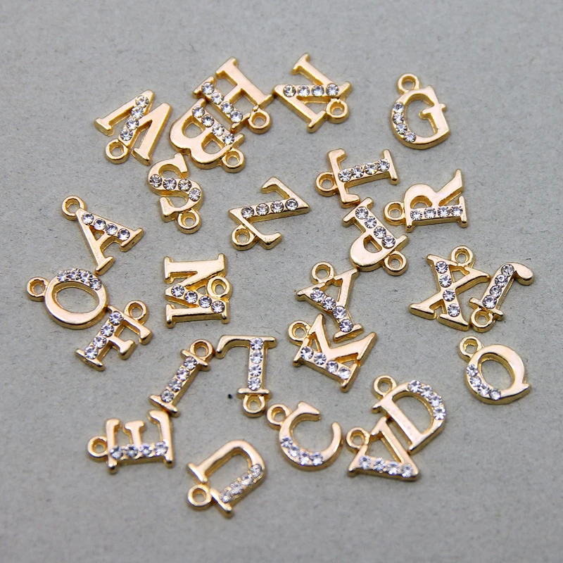 26/10pcs/pack A-Z Letter Gold Alloy Crystal Rhinestone Charms Alphabet Jewelry Bracelet Chain Keyring Initial Handmade Pendant