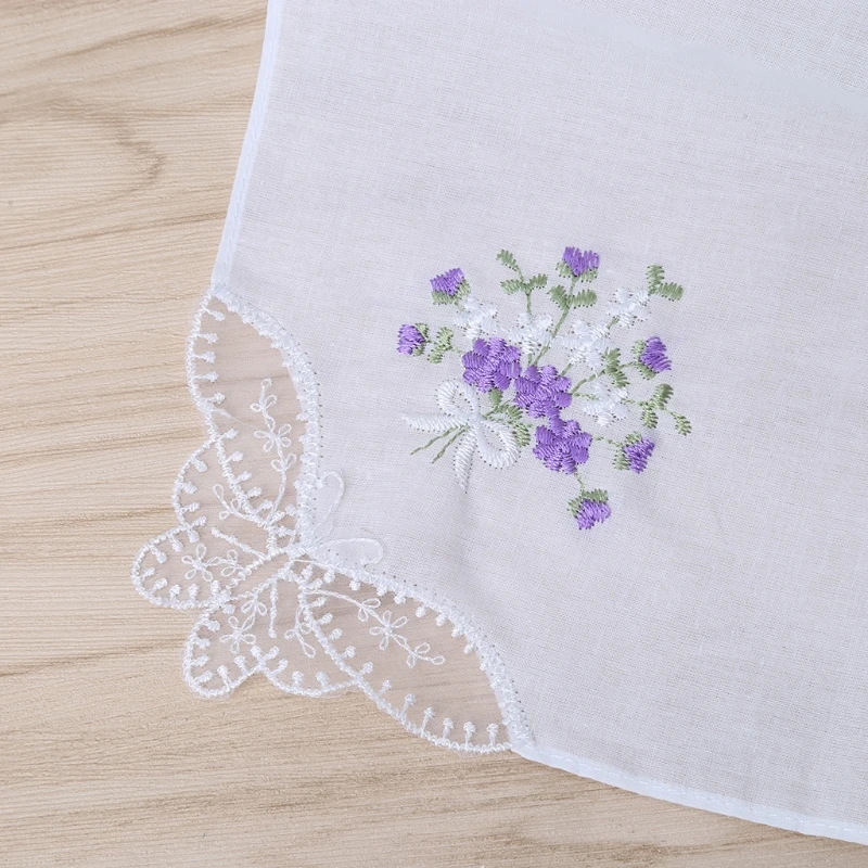 6 Pcs Vintage Cotton Ladies Embroidered Lace Handkerchief Women Floral Hanky