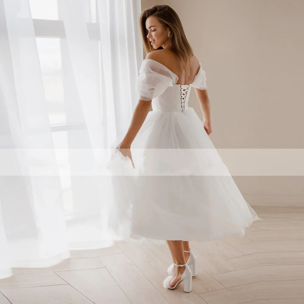 Vestido De novia De tul corto De princesa, corsé con hombros descubiertos, con cordones en la espalda, Vestidos De fiesta nupciales simples