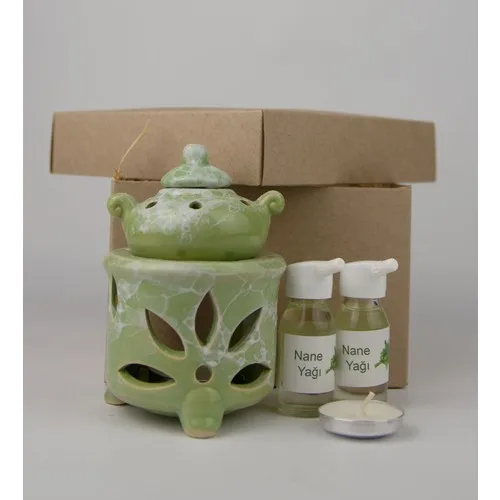 Gift Idea Teapot Design Censer and 2gang Mint Oil Set-Green