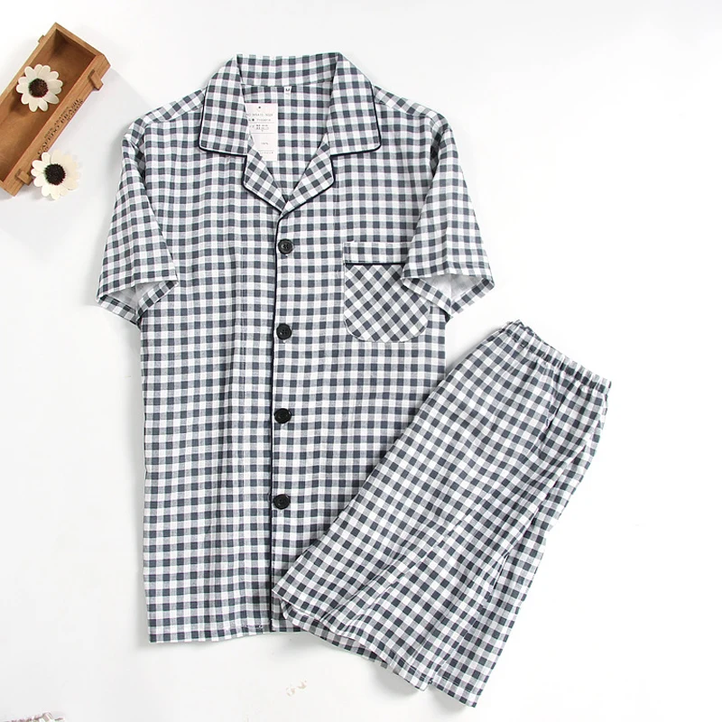 Zomer Katoenen Korte Slaap Tops + Shorts Voor Man Plaid Pyjama Sets Hoge Kwaliteit Pyjama Homme Conjuntos De Pijama Gratis schip