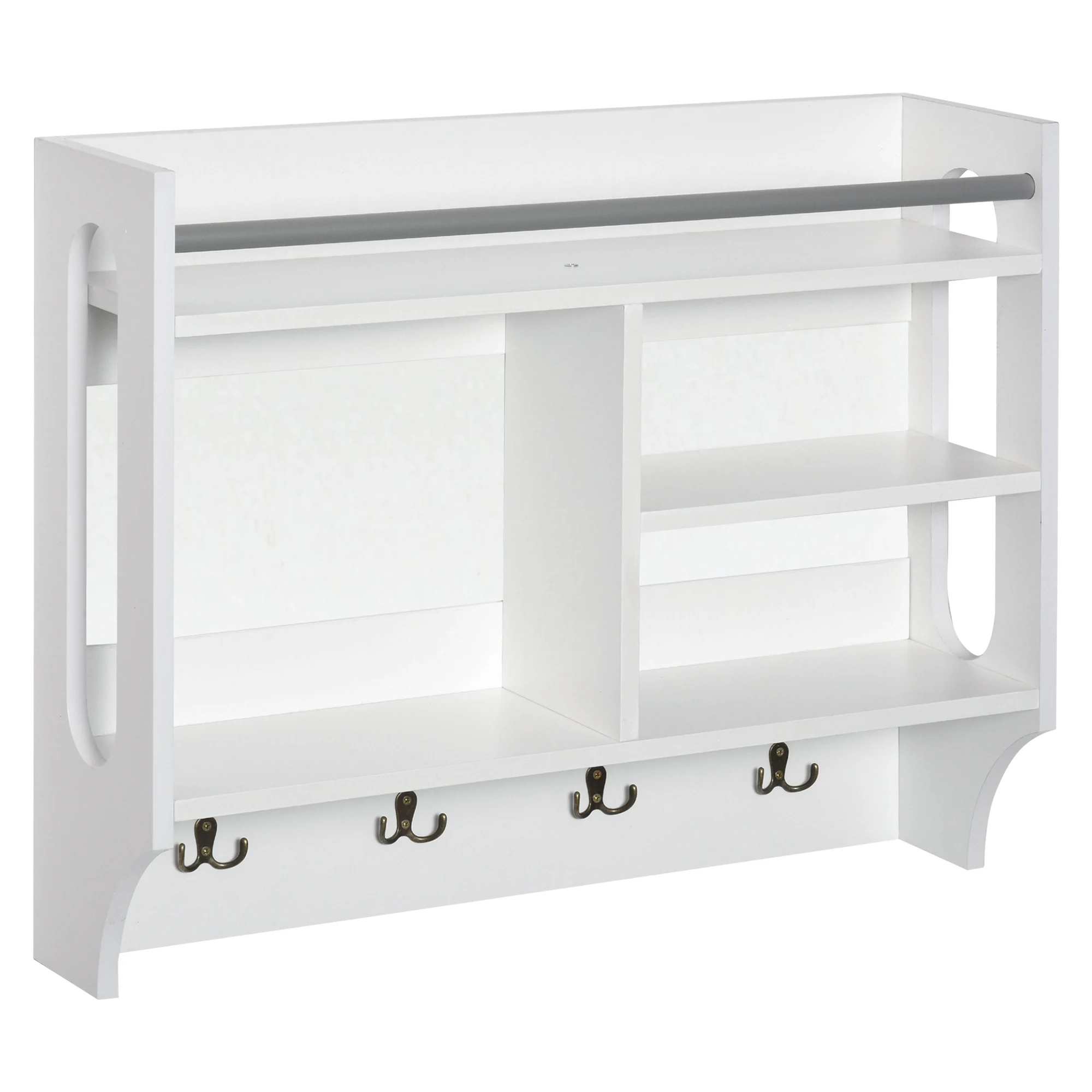 HOMCOM 4 hooks wall shelf 3 compartments 1 rack and metal bar for clothes keys books 73x20x60 cm White