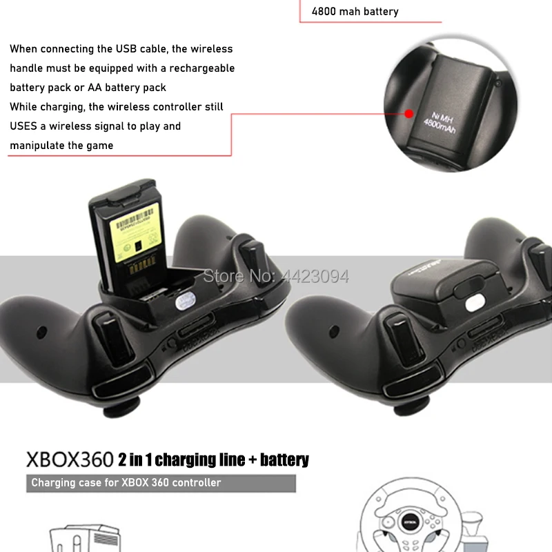 بطارية 4800 مللي أمبير وكابل شحن USB ، لجهاز Xbox 360 ، وحدة تحكم لاسلكية/سلكية ، حزمة بطارية قابلة لإعادة الشحن