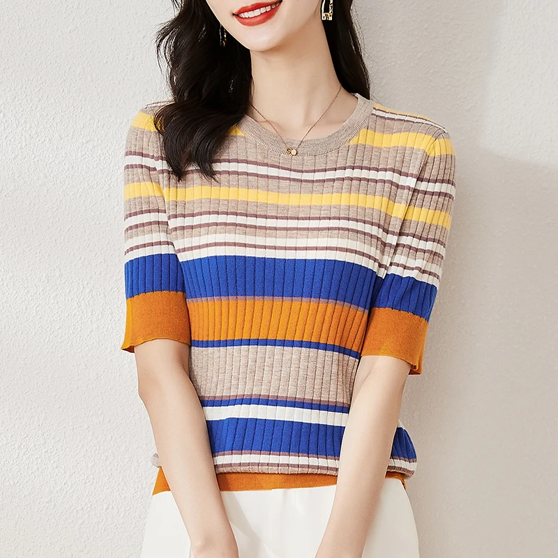 Women's 100% Wool Blouse 2022 Summer Spring Patchwork Colors Knit Tee Tops Ladies Slim Short Sleeve Striped T-Shirt Knitwear