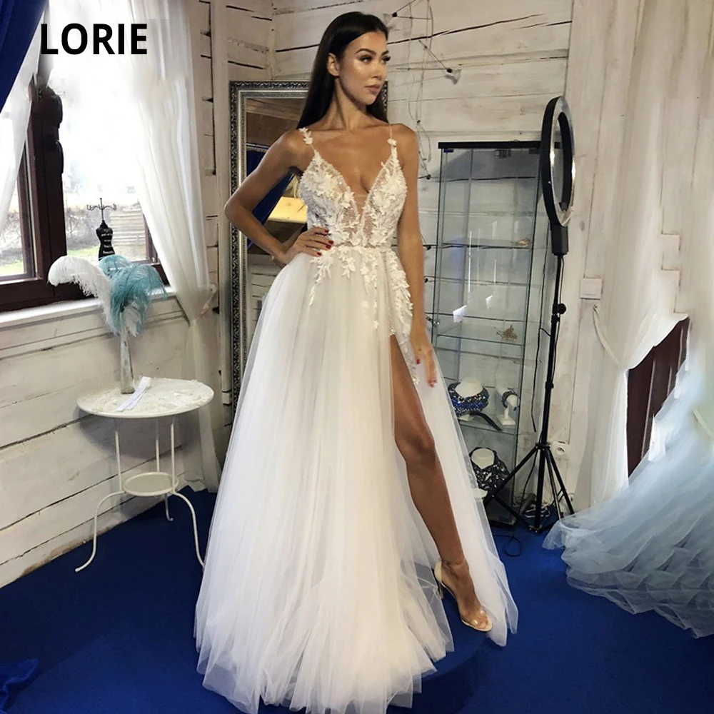 

LORIE Boho Tulle Wedding Dress V-neck Lace Appliques Beaded Flowers A-Line Illusion Beach Princess Bridal Gown with Slit