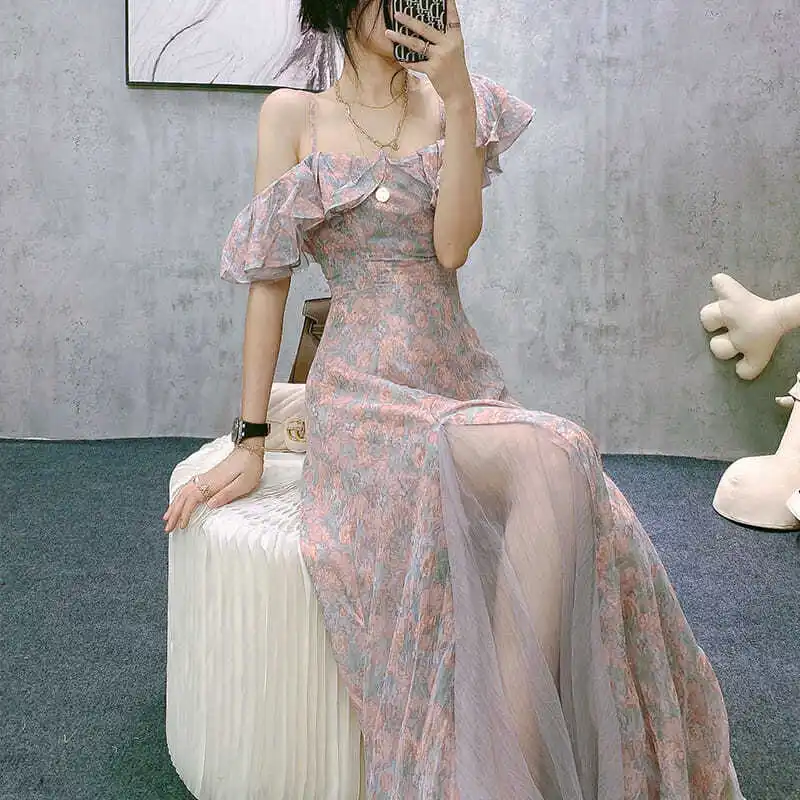 Vintage Chiffon Midi Dress Women Floral Print Design Korean Party Split Dress Female Summer Evening Beach Boho Dress 2021 Casual