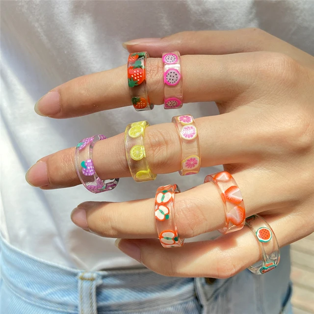 docona New Transparent Cartoon Fruit Acrylic Knuckle Rings for Women Men Colorful Lemon Strawberry Resin Ring Jewelry Anillos