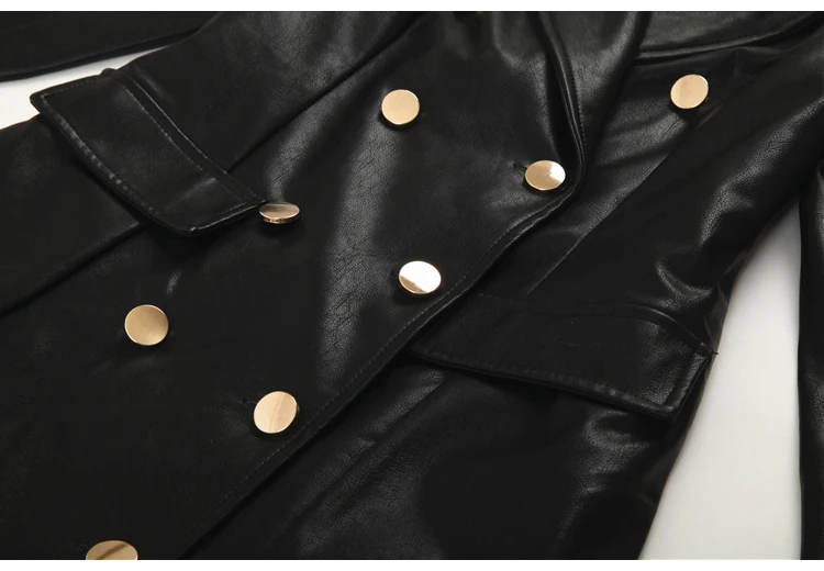 Lautaro Spring Autumn Extra Long Black Faux Leather Trench Coat for Women Double Breasted Luxury Elegant British Fashion 2022