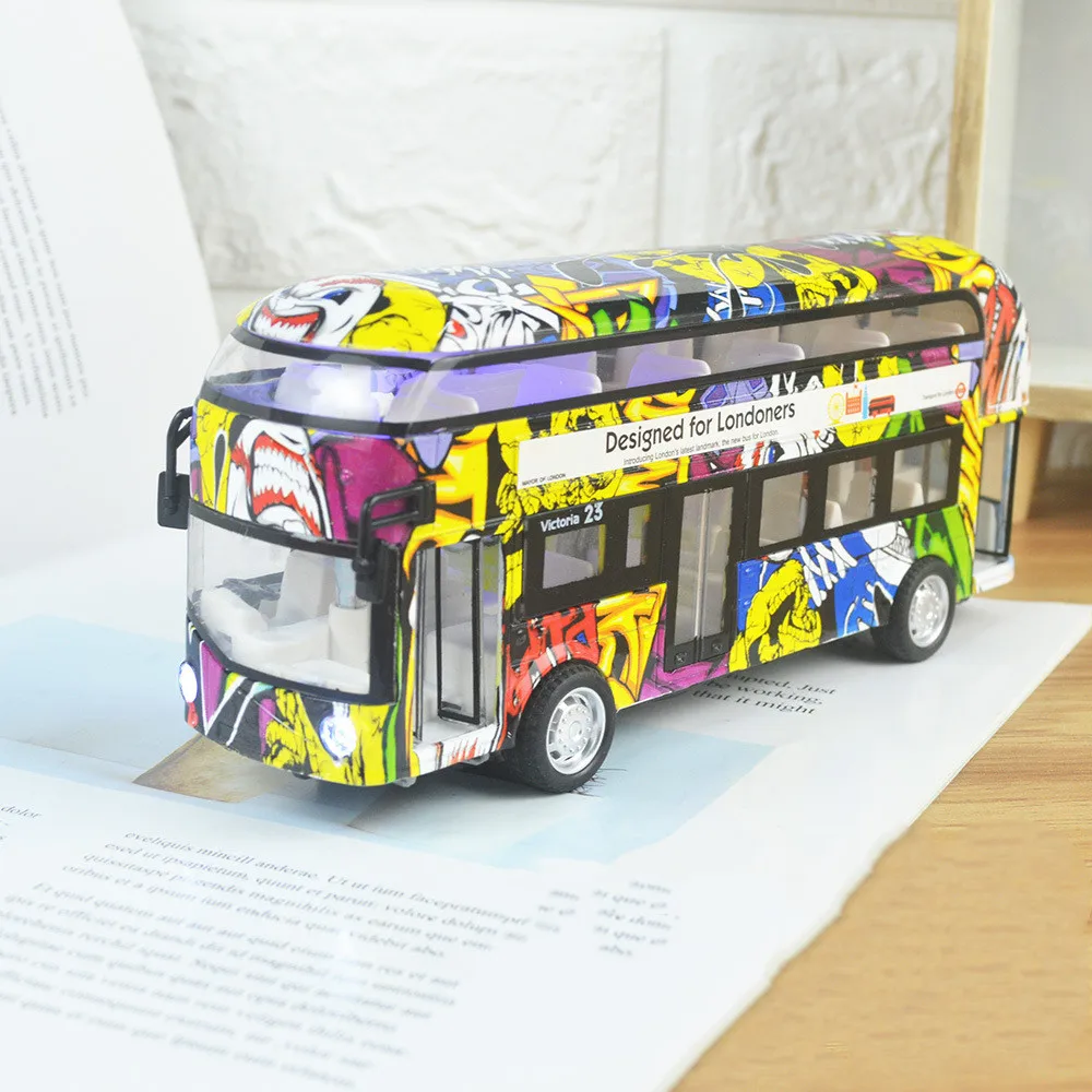 New product 1:50 Alloy Pull Back holiday graffiti bus model,Sound and light graffiti car toy,free shipping