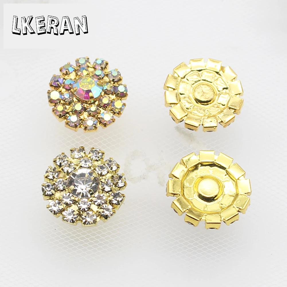 NEW 10Pcs 15MM Metal AB/Clear All Rhinestone Buttons Flat Diamante Accessories For DIY Wedding Decoration Sewing Clothing Button