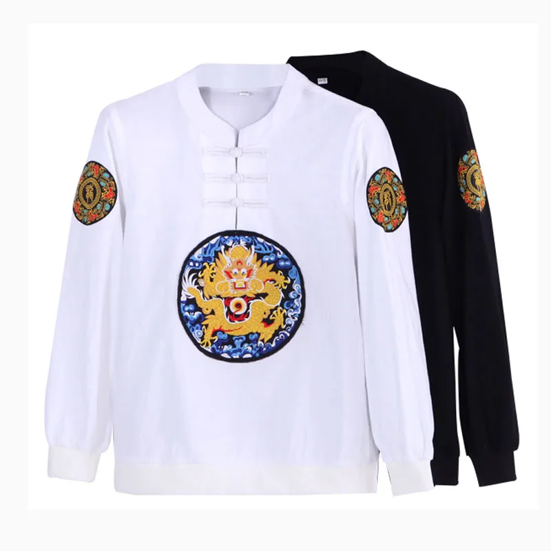 New White Long Sleeve Kung Fu Shirts Autumn Spring Embroidr Dragon Totem Sweater Cotton Linen Tops For Men Novelty Clothing