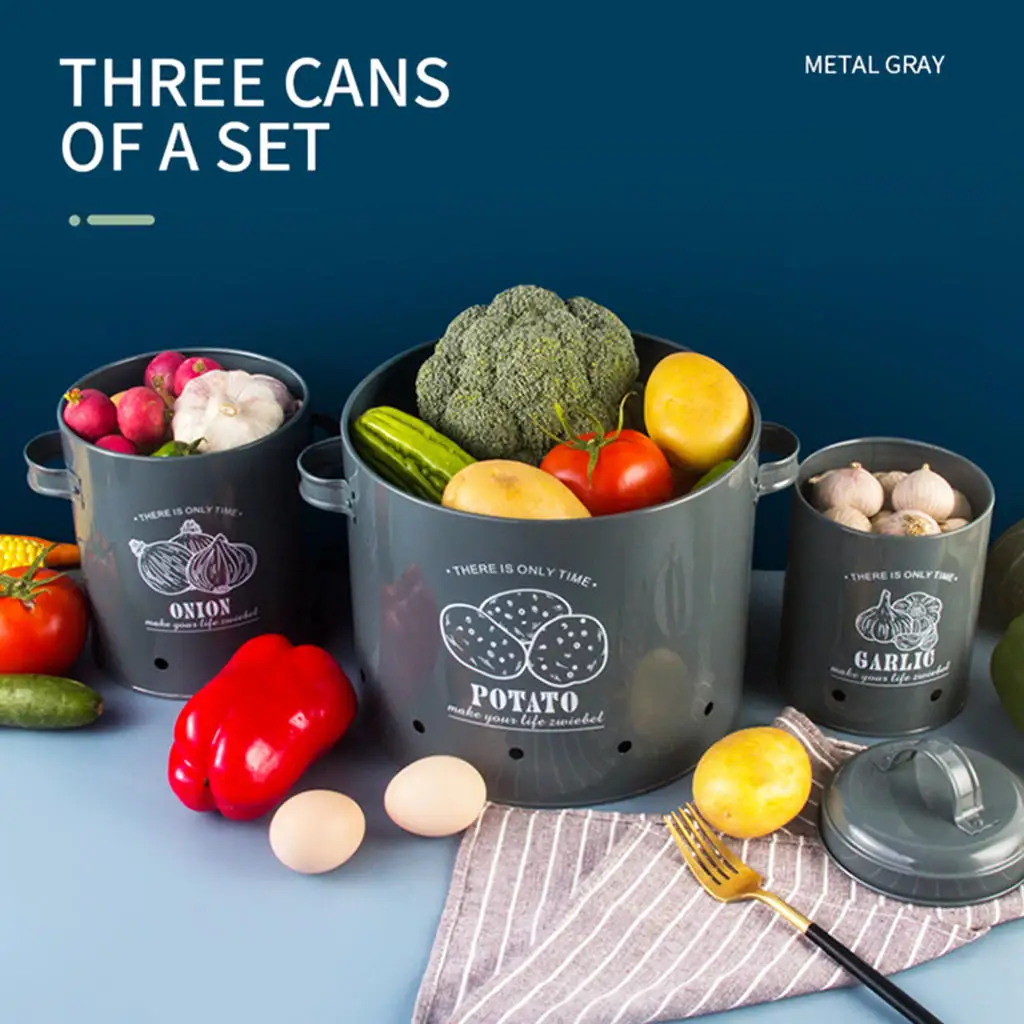 3x Potato Onion Garlic Pot with 2 Handles Food Storage Container Tins Kitchen Food Container Buckets