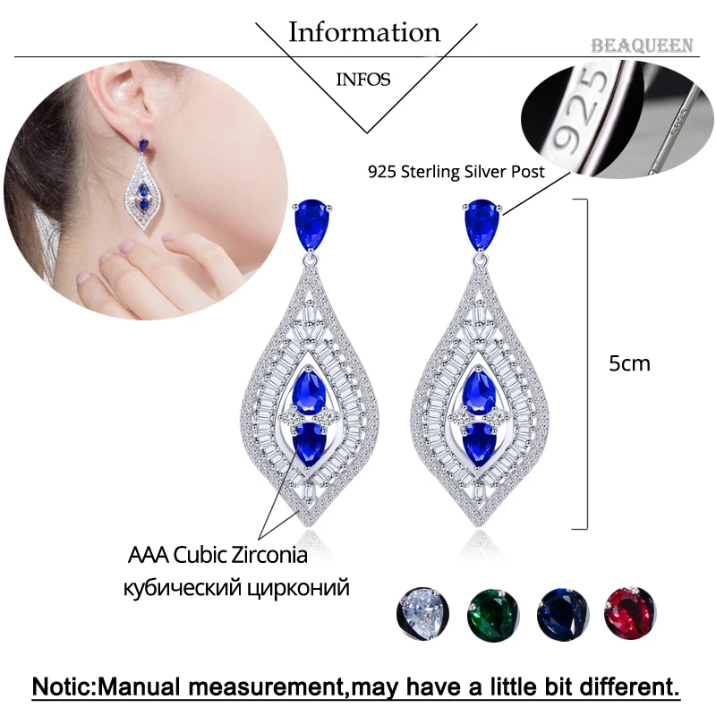 BeaQueen Elegant Teardrop Royal Blue CZ Crystal Women Wedding Evening Long Hanging Drop Earrings Jewelry for Brides E044