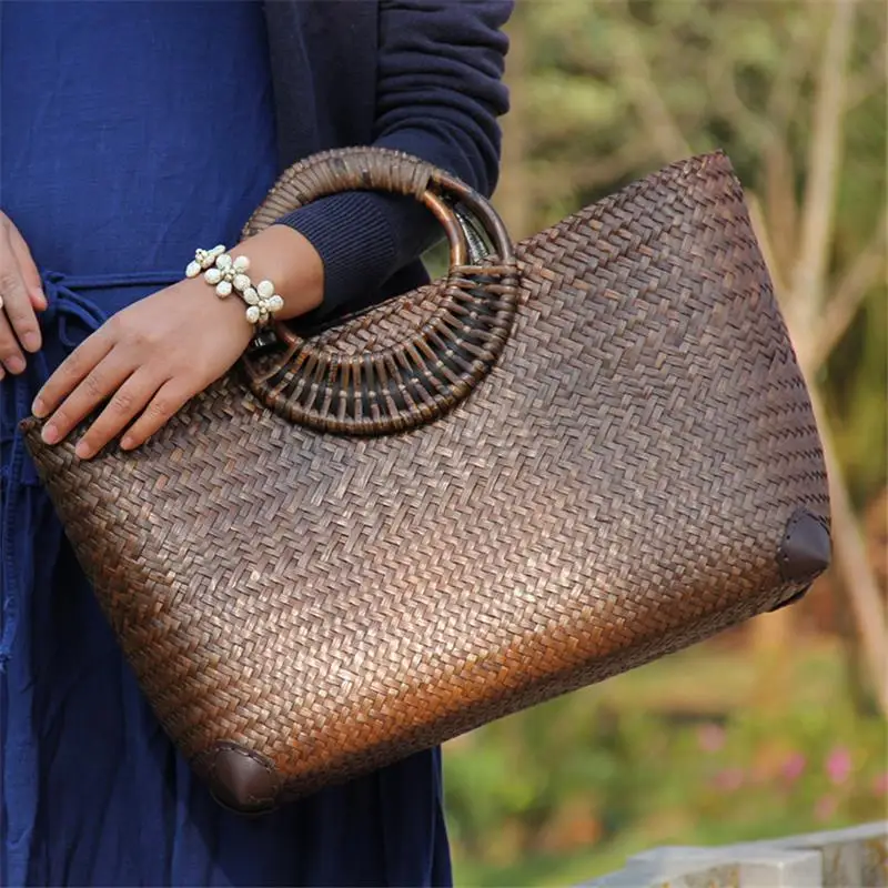 36x20CM Original Chinese Style Handmade Old Straw Bag Rattan Woven Wooden Handle Retro Handbag  Large Bag New a6102