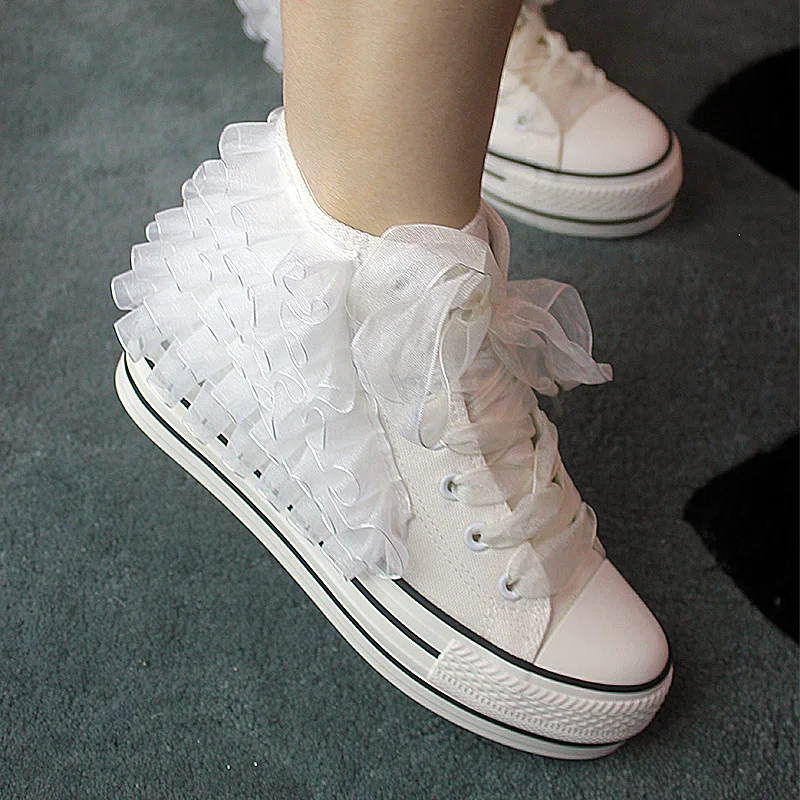 Women\'s Handmade Canvas Shoes Student White High Gang Thick Soled Girls Sweet Hidden Heel Shoes with Lace Chiffon Decoration