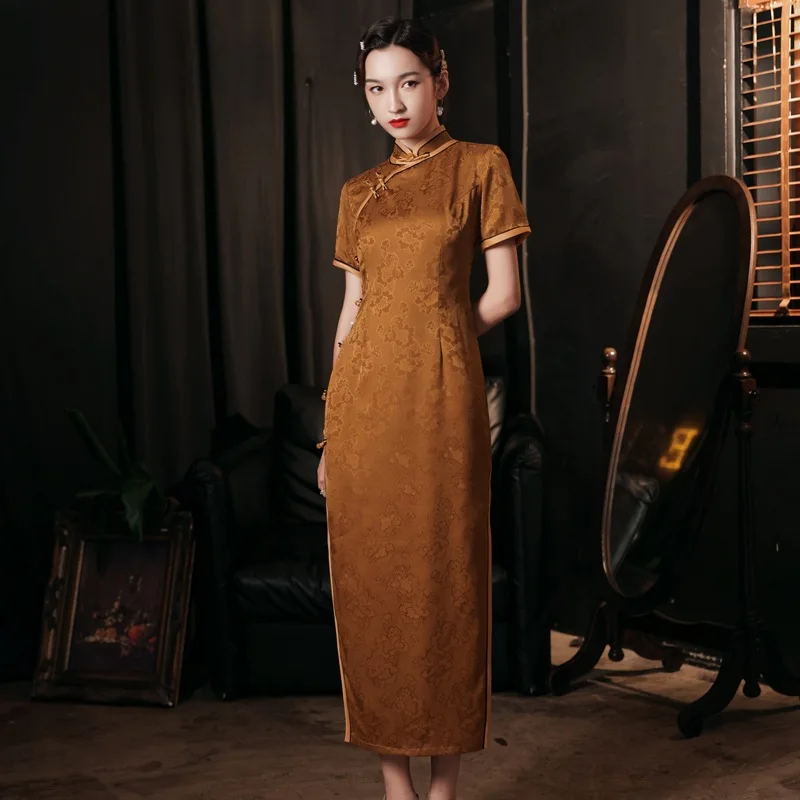 

Elegant High Fork Dress Sexy Women Long Cheongsam Vintage Ladies Button Slim Chinese Traditional Female Qipao Vestido