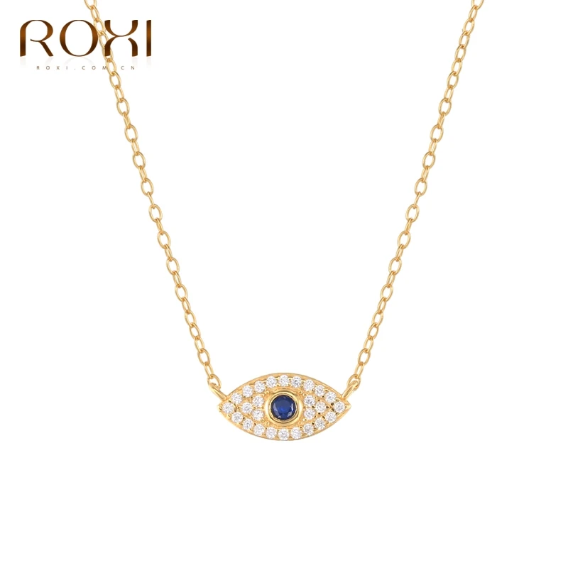 

ROXI Vintage Eye Blue Crystals Necklaces for Women Men Birthday Wedding Jewelry Sterling Silver 925 Chain Gold Necklace Collares