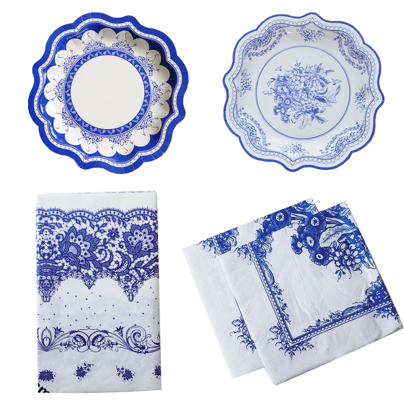 Chinese Style Blue and White Porcelain Paper Plates Tray Floral Party Picnic Wedding Birthday Children Disposable Tableware Dish