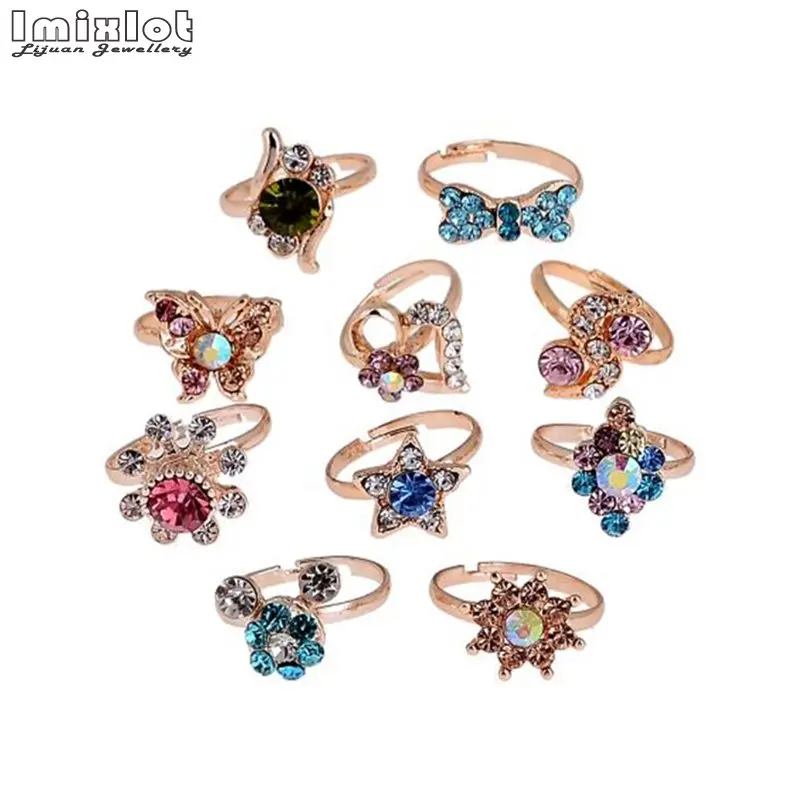 10Pcs Mixed Style Bow Flower Shape Jewelry Lots Colorful Crystal Rhinestone Kid Children Rings for Women Girls