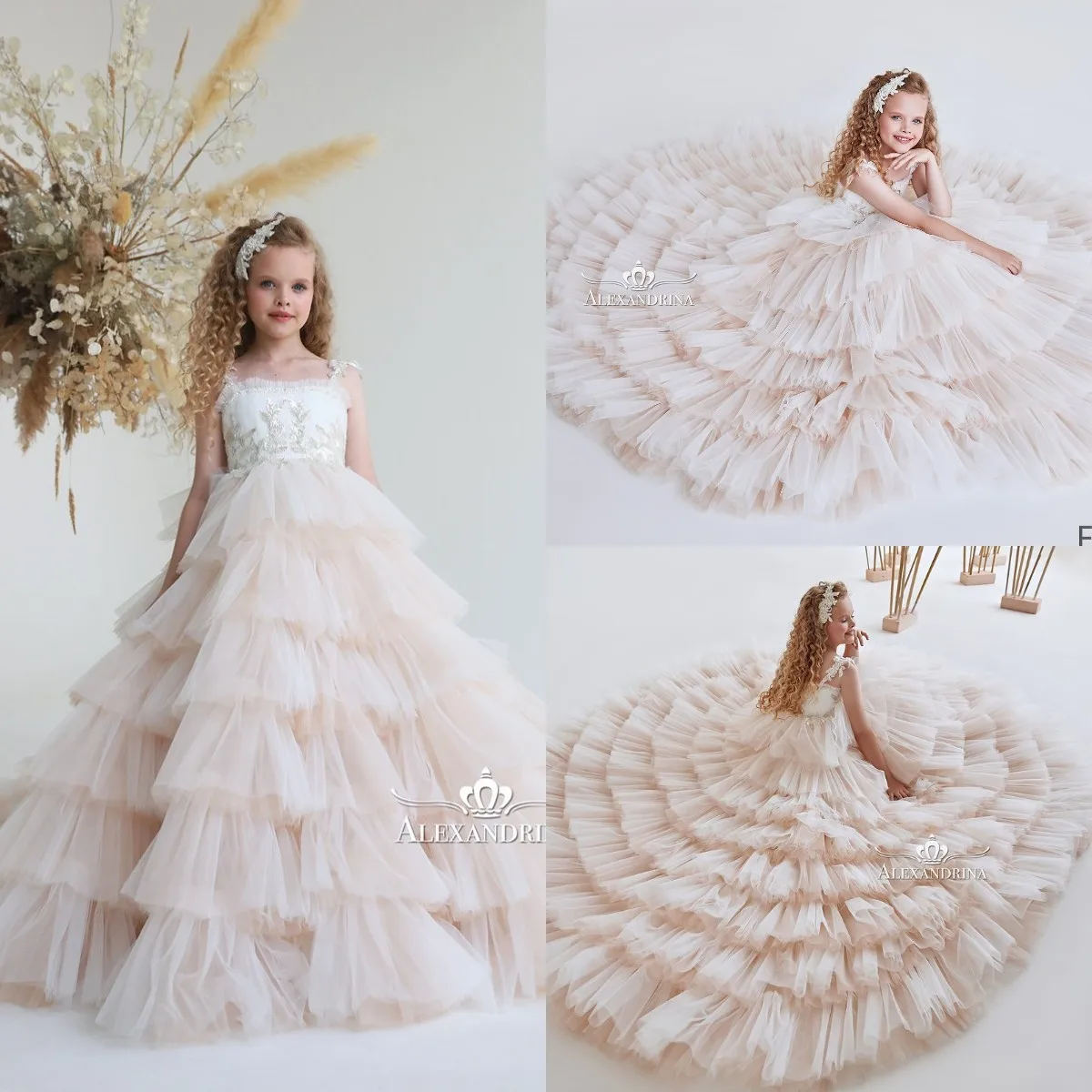 

Blush Pink 2022 Ruffles Flower Girl Dresses for Wedding Layered Tulle Beaded Kids Ball Gown Pageant Dresses For Girls