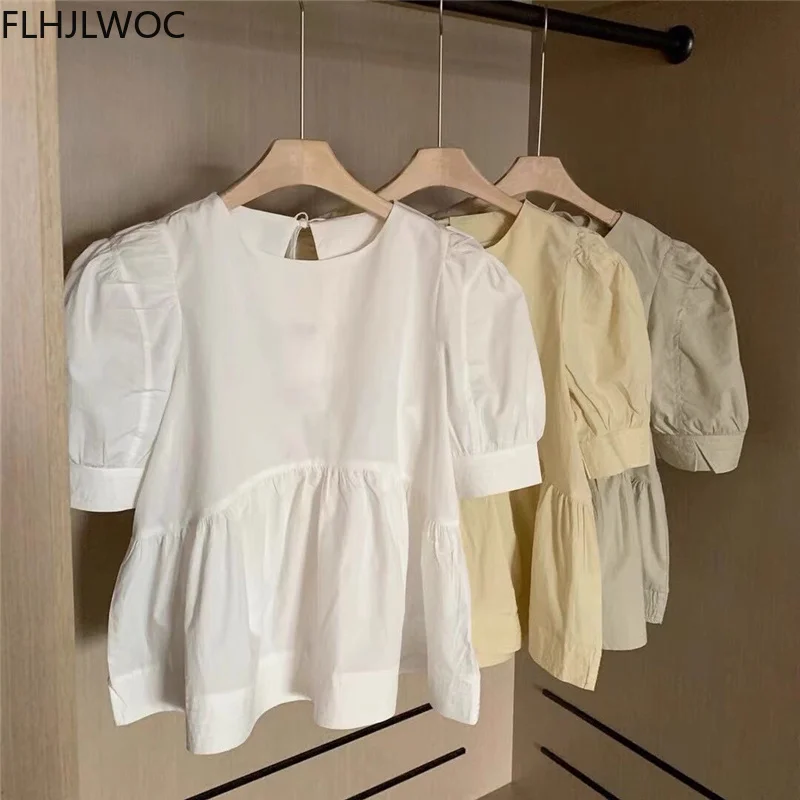 Puffy Shirts Cute Sweet Girls Japanese Style Women Bow Tie Tops Blusas Casual Solid White Ruffled Peplum Blouses