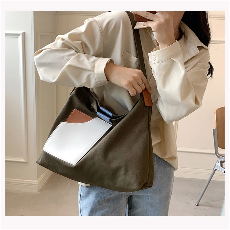 Large Capacity Canvas Tote Bags for Women 2021 New Contrast Color Bucket Travel Bag Simple Fashion Girl\'s Shopper Shoulder Totes