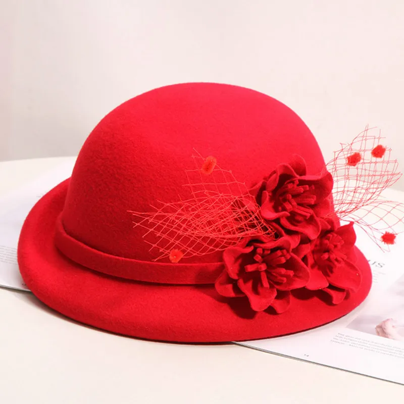 H788 kobiety wełna filcowy kapelusz fedora koreański moda jesień zima ciepły czapka Fedoras elegancki kwiat siatka przędza brytyjski Retro umywalka kapelusze