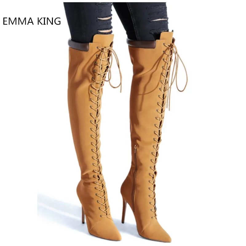 

Sexy Over Knee Boots Women Pointed Toe Cross-Tied Fashion Knight Boots 2019 Lace-Up Side Zipper Stiletto High Heels Long Boots