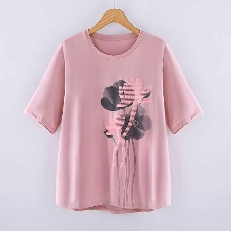 Women\'s Short Sleeve T-Shirt, Cotton, Loose, Printing, Female Tee, Large Size, 4XL, Summer