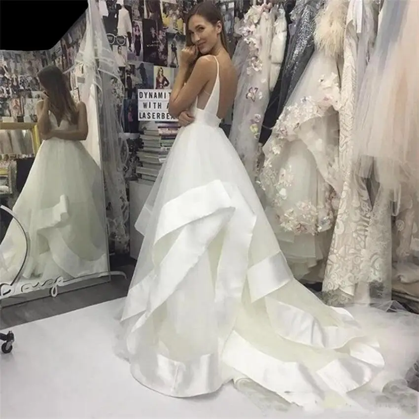 ¡Novedad de 2022  vestido de novia con cuello en V Acampanado y tirantes finos con espalda descubierta vestidos de novia con tul