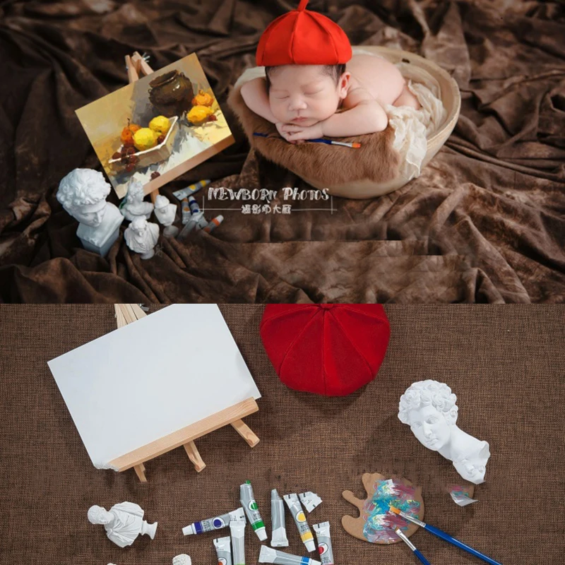 Newborn Photography Props Mini Drawing Board And Paintbrush Baby Hats The Painter Cap Artist Theme Accessories Gypsum Statue