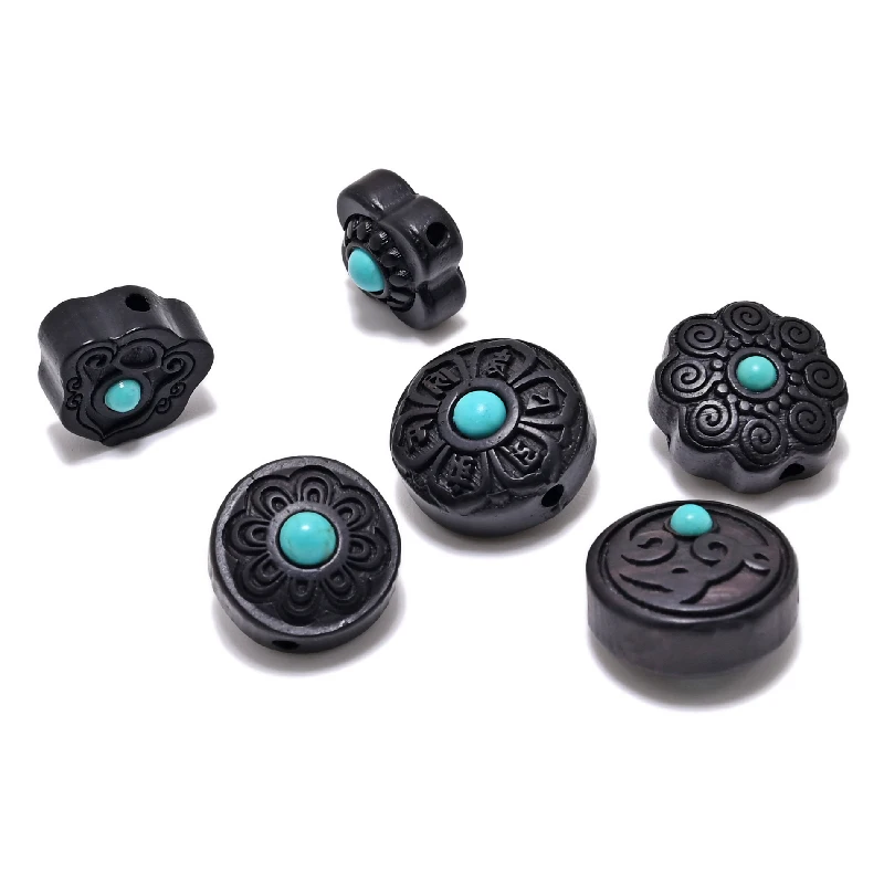 MZ-E Nepal Inlaid Imitation Turquoise Natural Ebony Beads Tibetan Antique For Jewelry Making DIY Beads Bracelet Yoga Necklace