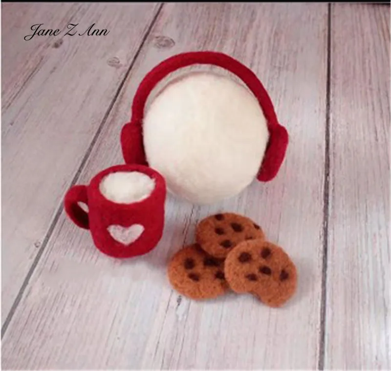 Newborn photography prop wool felt tiara watermelon bow headphone milk tea cookie shape hat studio shooting props