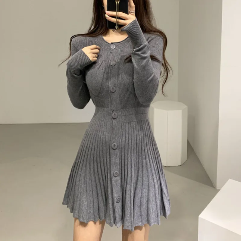 

Knitted Sweater Dress Pleated Robe Femme Vestidos Korean Casual Single Breasted Knitting Mini Dress Women Autumn Winter Buttons