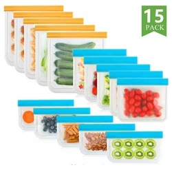 Saco Ziplock de Silicone reutilizável para armazenamento de alimentos Manutenção fresca Saco de congelador selado Armazenamento de frutas e vegetais Saco à prova de vazamento