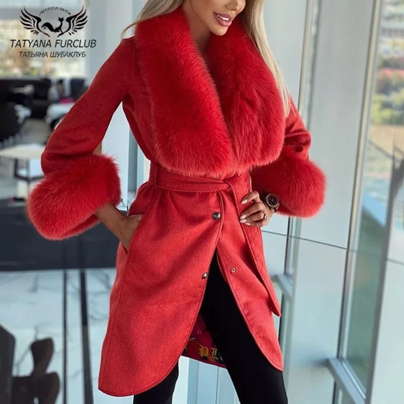 90cm Long Real Gold Island Fox Fur Cashmere Coats Fashion Winter New Women Overcoats Natural Fox Fur Wool Blend Coat Female