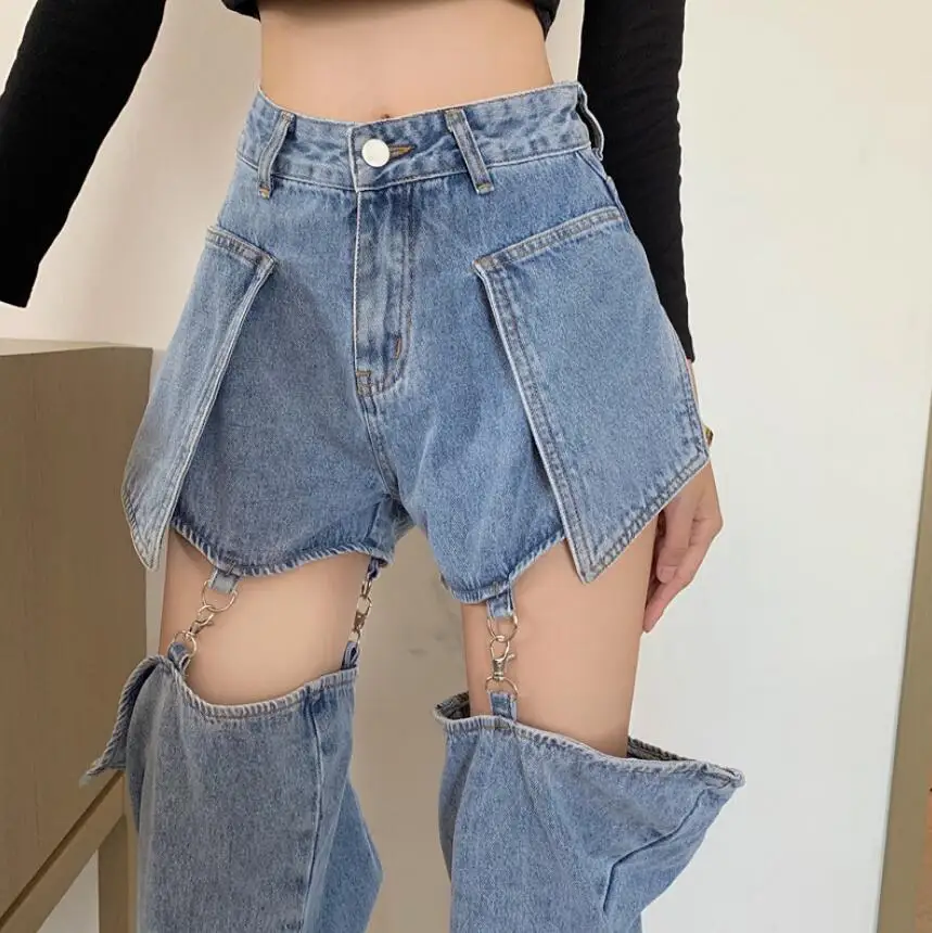 Jeans Women's Straight Loose High Waist Slim Pants Spring Thin Design Detachable Shorts Harajuku Kpop s615