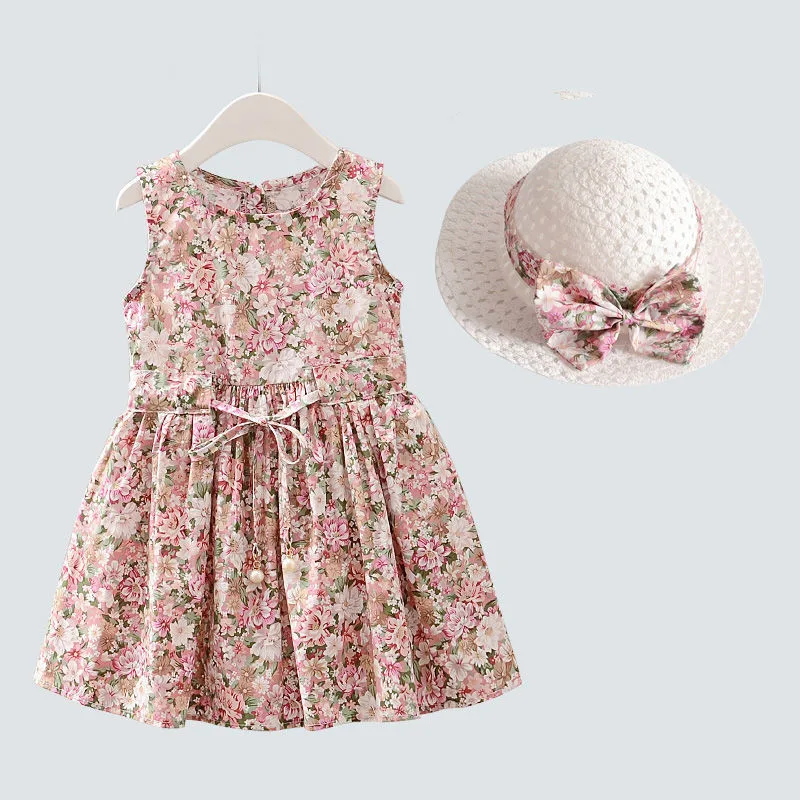 2PCS/Set Girls Dress +Hat Cotton Comfortable Children\'s Dress 2024 Summer Dress Floral Girls\' Sleeveless Dress For Children