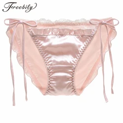 Women Lace Trim Satin Panties Low Waist Sides Lace-Up Briefs Solid Color Underwear Breathable Comfy Female Seamless Underpants