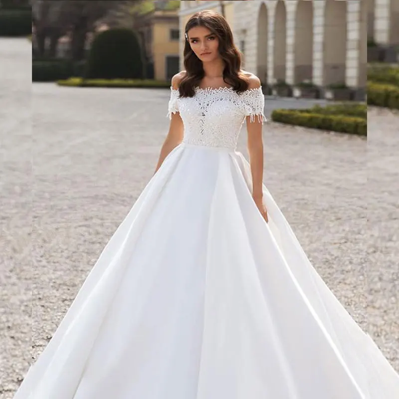 Elegante laço mancha vestido de casamento barco pescoço tribunal train2021 branco para as mulheres couture strapless simples casamento vestidos graden mariee