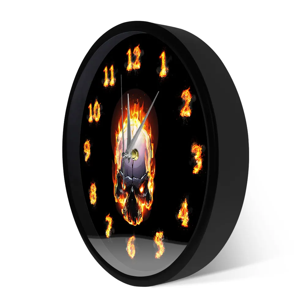 Demon Skull In Fire With Burning Numbers Modern Wall Clock Heavy Metal Flaming Hell Death Skull Wall Watch Halloween Horror Art