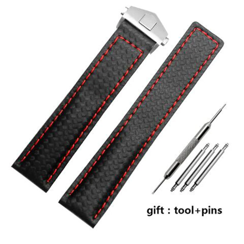Carbon fiber texture genuine leather bottom watchband For TAG wristband men\'s black with red line strap 20mm with folding buckle