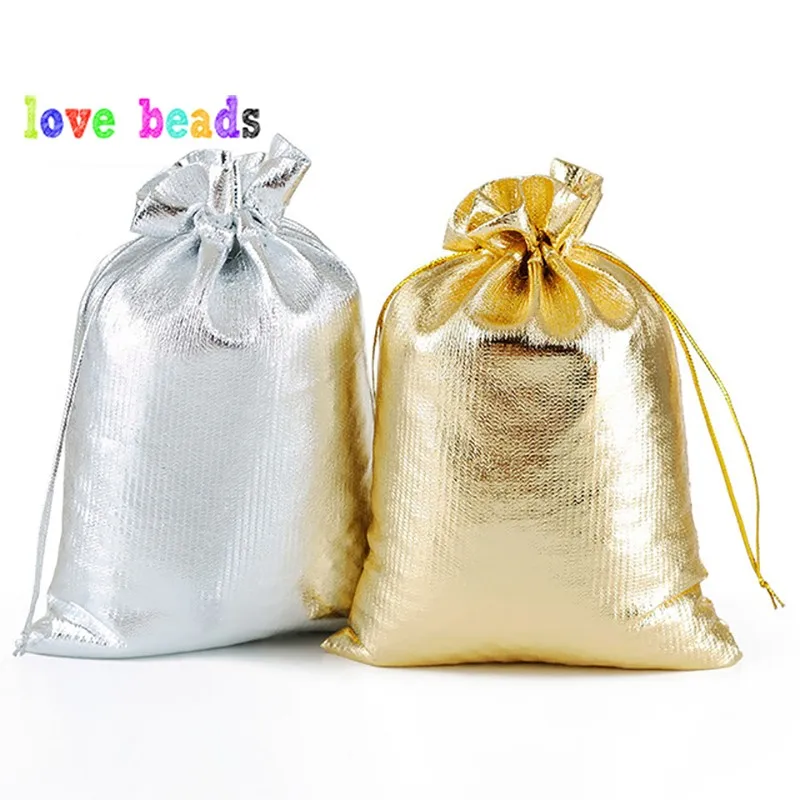 50 sztuk/partia złoty kolor srebrny regulowane torby do pakowania biżuterii 7x9cm 9x12cm Party cukierki sznurek torby i woreczki na prezenty ślubne